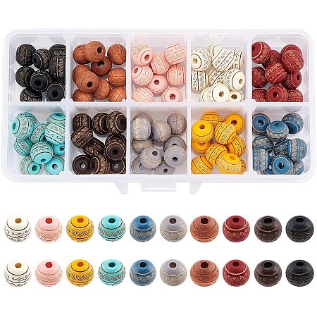 Painted Natural Wood Beads, Laser Engraved Pattern, Round with Leave Pattern, Mixed Color, 10x9mm, Hole: 2.5mm; 10 colors, 10pcs/color, 100pcs/box