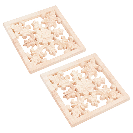 SUPERFINDINGS Natural Solid Wood Carved Onlay Applique Craft, Unpainted Onlay Furniture Home Decoration, Square with Flower, BurlyWood, 150x150x10mm
