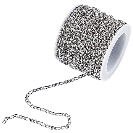 Unicraftale 304 Stainless Steel Figaro Chains, Unwelded, with Spool, Stainless Steel Color, 4~6x3mm; 10m/roll