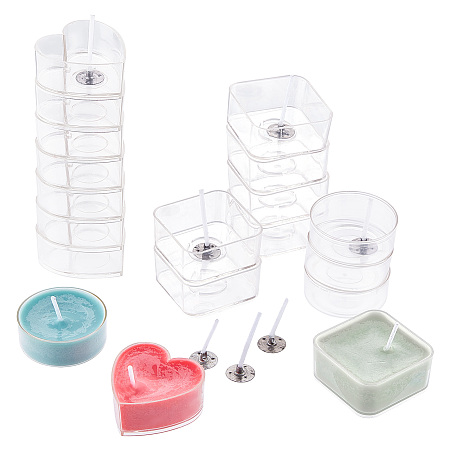 Plastic Candle Cups, with Paraffin Candle Wick, Candle Making Tools, Heart & Square & Column, Clear, 38x38x18mm, Inner Diameter: 36x37mm; 10pcs