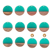 Ornaland Resin & Wood Pendants, Flat Round, Turquoise, 28.5x3.5~4mm, Hole: 1.5mm, 10pcs/box