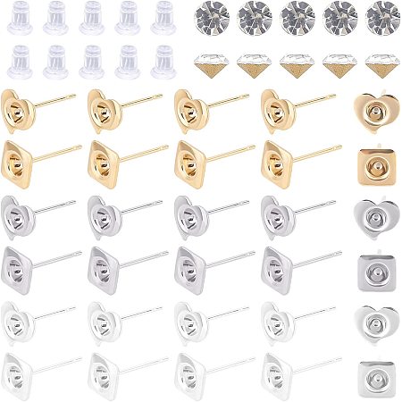 UNICRAFTALE About 60pcs 2 Styles 3 Colors Earrings Studs About 13mm Long Square/Heart-Shape Stud Earrings with About 60pcs Glass Pointed Back Rhinestone and Ear Nuts Ear Piercing Jewelry