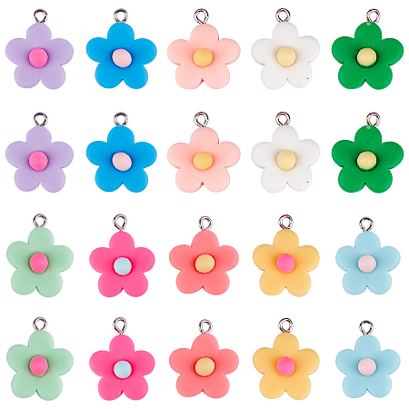 SUNNYCLUE Resin Pendants, with Platinum Plated Screw Eye Pin Peg Bails, Flower, Mixed Color, 24x19.5x8mm, Hole: 2mm; 10 Colors, 4pcs/color, 40pcs/box