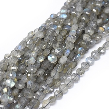 ARRICRAFT Natural Labradorite Beads Strands, Faceted, Flat Round, 4.5~5.5x2.5~3mm, Hole: 0.8mm, about 76pcs/strand, 14.72~14.84 inches(37.4~37.7cm)