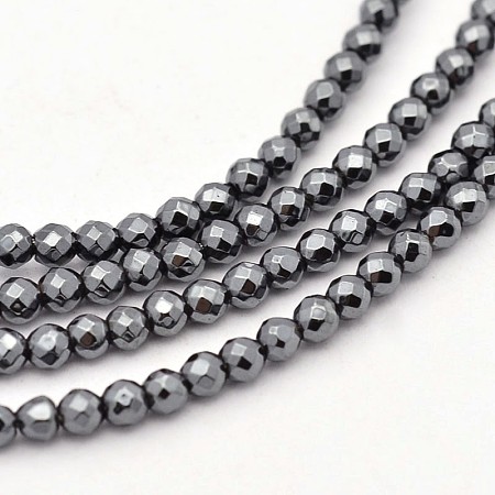 Arricraft Non-magnetic Synthetic Hematite Faceted Round Bead Strands, 2mm, Hole: 1mm, about 190pcs/strand, 15.7 inches