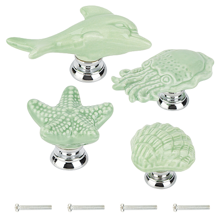 Gorgecraft Porcelain Drawer Knobs, with Zinc Alloy Finding and Iron Screw, for Home, Cabinet, Cupboard and Dresser, Mixed Shapes, Sea Green, 4sets/bag