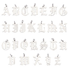 SUNNYCLUE 201 Stainless Steel Pendants, with Jump Ring, Alphabet, Laser Cut, Stainless Steel Color, Letter A~Z, 15~17x9~17x1mm, Hole: 3mm, 26 Letter, 1pc/letter, 26pcs/box