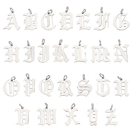 SUNNYCLUE 201 Stainless Steel Pendants, with Jump Ring, Alphabet, Laser Cut, Stainless Steel Color, Letter A~Z, 15~17x9~17x1mm, Hole: 3mm, 26 Letter, 1pc/letter, 26pcs/box