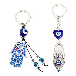 Arricraft 2Pcs 2 Style Turkish Blue Evil Eye Lucky Shoes/Hamsa Hand/Hand of Miriam Pendant Alloy Keychain, with Iron Findings, Antique Silver & Platinum, 13.6~14.5cm, 1pc/style