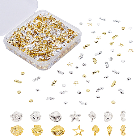 Olycraft Ocean Themed Alloy Cabochons, Nail Art Decoration Accessories for Women, Mixed Shapes, Golden & Silver, 2380pcs/box