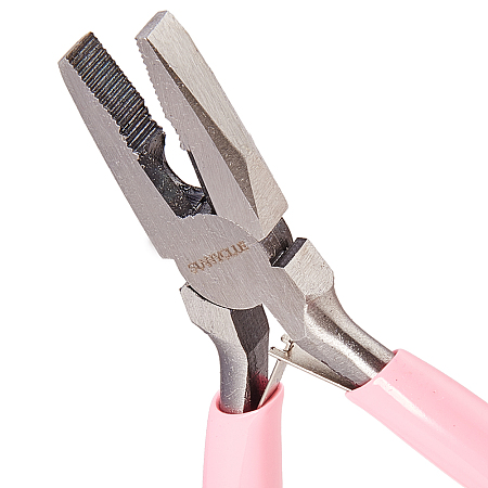 SUNNYCLUE 45# Carbon Steel Jewelry Pliers, Chain Nose Pliers, Serrated Jaw and Wire Cutter, Polishing, Pink, 11.45x7.05x0.9cm