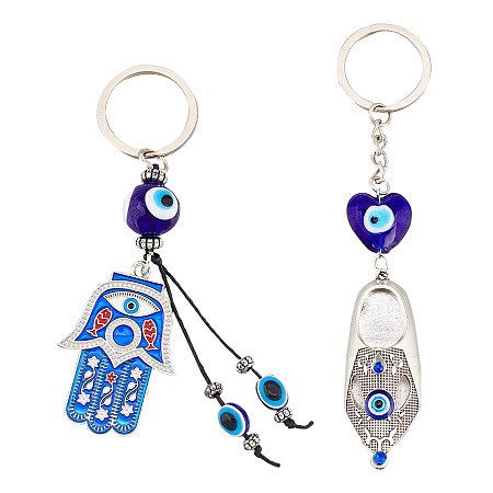 Arricraft 2Pcs 2 Style Turkish Blue Evil Eye Lucky Shoes/Hamsa Hand/Hand of Miriam Pendant Alloy Keychain, with Iron Findings, Antique Silver & Platinum, 13.6~14.5cm, 1pc/style