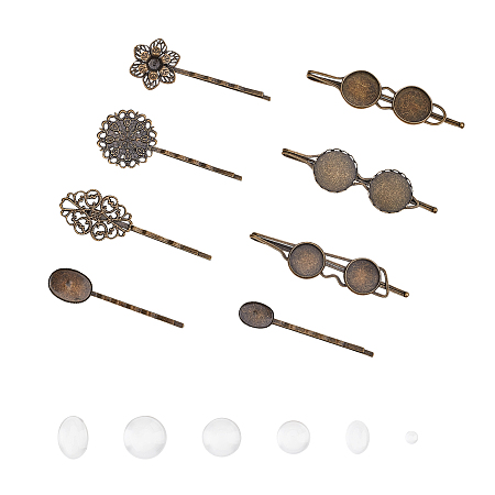 DIY Hair Bobby Pin Making, with Iron Hair Bobby Pin Findings and Transparent Glass Cabochons, Mixed Shape, Antique Bronze, Bobby Pin Findings: 26pcs/set
