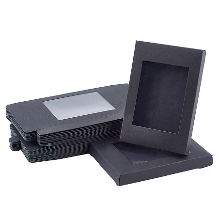 Globleland Foldable Creative Kraft Paper Box, Wedding Favour Boxes, Paper Gift Box, with Clear Window, Rectangle, Black, Box: 12.5x8.5x1.5cm