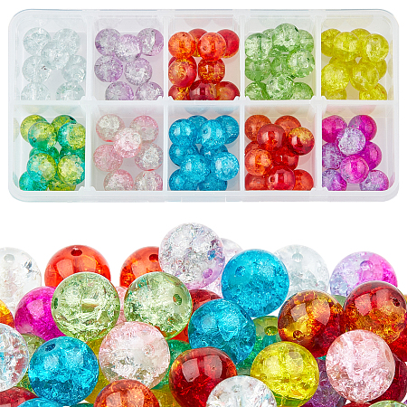 Spray Painted Transparent Crackle Glass Beads, Round, Mixed Color, 10mm, Hole: 1.3~1.6mm, 10 colors, 10pcs/color, 100pcs/box