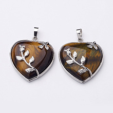 Honeyhandy Heart Natural Tiger Eye Pendants, with Platinum Plated Brass Pendant Settings, 42~46x31~33mm, Hole: 6mm