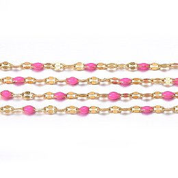 Honeyhandy Ion Plating(IP) 304 Stainless Steel Link Chains, with Spool, with Enamel, Soldered, Hot Pink, 2.5~7x1.5x0.3~1.5mm, about 32.8 Feet(10m)/roll