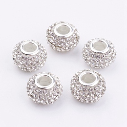 Honeyhandy Grade A Rhinestone European Beads, Large Hole Beads, Resin, with Silver Color Plated Brass Core, Rondelle, Crystal, 15x10mm, Hole: 5mm