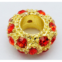 Honeyhandy Alloy Rhinestone European Beads, Large Hole Beads, Golden Metal Color, Light Siam, 11x6mm, Hole: 5mm