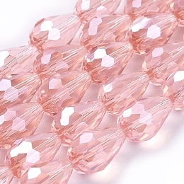 Honeyhandy Electroplate Glass Beads Strands, Pearl Luster Plated, Faceted, teardrop, Light Salmon, 15x10mm, Hole: 1.5mm, about 50pcs/strand, 31 inch