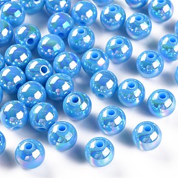 Honeyhandy Opaque Acrylic Beads, AB Color Plated, Round, Deep Sky Blue, 10x9mm, Hole: 2mm, about 940pcs/500g