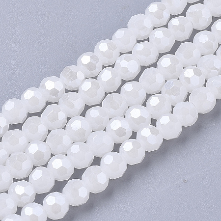 Honeyhandy Electroplate Glass Beads Strands, Pearl Luster Plated, Imitation Jade, Faceted, Round, White, 4mm, Hole: 0.5mm, about 100pcs/strand, 14.2 inch