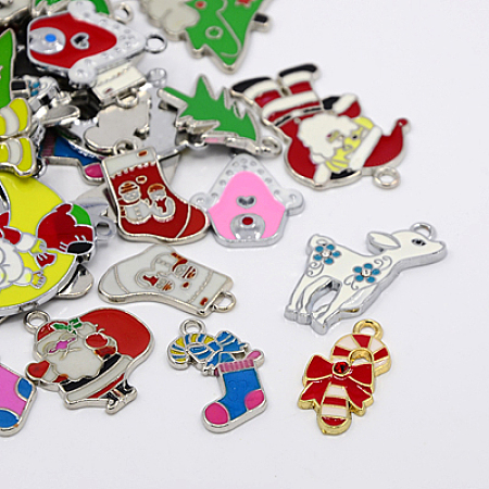 Arricraft Alloy Enamel Pendants, for Christmas Day, Mixed Shapes, Mixed Color, 22~50x11.5~36x1.5~2mm, Hole: 2~4mm