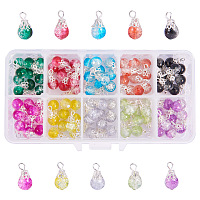 PandaHall Elite 100pcs 10 Color Drops Crackle Glass Beads with Silver Bead Cap Drops Beads Charms Pendants for Jewelry Making Necklace Earring Accessory