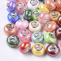 Arricraft Resin European Beads, Large Hole Beads, with Silver Plated Brass Double Cores, Stripe, Rondelle, Mixed Color, 14x8~8.5mm, Hole: 5mm
