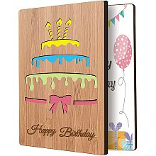 FINGERINSPIRE Happy Birthday Card Real Bamboo Wood Greeting Card with Hollow Birthday Cake and Engraved Words Design, Handmade Handwritten Card with Envelope for Sending Birthday Wishes