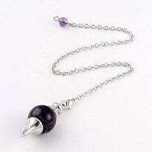 Honeyhandy Natural Amethyst Dowsing Pendulum Pendants, with Platinum Tone Brass Cross Chain & Lobster Claw Clasps, 225~240mm