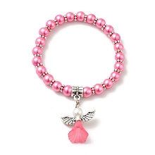 Honeyhandy Lovely Wedding Dress Angel Bracelets for Kids, Carnival Stretch Bracelets, with Glass Pearl Beads and Tibetan Style Beads, Hot Pink, 45mm