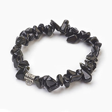 Honeyhandy Natural Obsidian Beads Stretch Bracelets, with Alloy Findings, Chip, 1-3/4 inch(4.5cm)