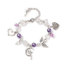 Honeyhandy Alloy Heart & Fairy Charm Bracelets, Acrylic & ABS Plastic Pearl Beaded Bracelet for Women, Blue Violet, 7 inch(17.7cm)