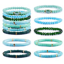 Honeyhandy 7Pcs 7 Style Handmade Polymer Clay Heishi Surfer Stretch Bracelets Set, Glass Beads Bracelets, Stackable Preppy Bracelets for Women, Spring Green, Inner Diameter: 2-1/8 inch(5.3cm), 1Pc/style