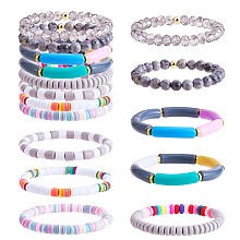 Honeyhandy 8Pcs 6 Style Synthetic Imperial Jasper & GLass Beaded Stretch Bracelets Set, Polymer Clay Heishi Surfer  Bracelets, Acrylic Curved Tube Chunky Bracelets for Women, Gray, Inner Diameter: 2-1/8 inch(5.5cm)