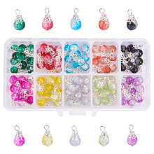 PandaHall Elite 100pcs 10 Color Drops Crackle Glass Beads with Silver Bead Cap Drops Beads Charms Pendants for Jewelry Making Necklace Earring Accessory