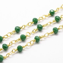 Honeyhandy Handmade Glass Beaded Chains, with Spool, Unwelded, Faceted Rondelle, Imitation Jade, with Brass Findings, Golden, Sea Green, 4mm, about 32.8 Feet(10m)/roll