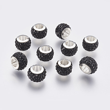 Honeyhandy 304 Stainless Steel European Beads, with Polymer Clay Rhinestone, Large Hole Beads, Rondelle, Jet, 11x7.5mm, Hole: 5mm