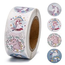 Honeyhandy Self-Adhesive Paper Stickers, Gift Tag, for Party, Decorative Presents, Round, Colorful, Unicorn Pattern, 25mm, 500pcs/roll