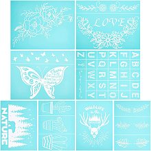 OLYCRAFT 8pcs Self-Adhesive Silk Screen Printing Stencil Animal Plant Alphabet Theme Reusable Pattern Stencils for Painting on Wood Fabric T-Shirt Wall and Home Decorations-11x 8.5Inch