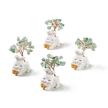 Honeyhandy Natural Green Aventurine Tree Display Decorations, Resin Rabbit Base Feng Shui Ornament for Wealth, Luck, Rose Gold, 26x42~49x62~64mm