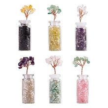 Honeyhandy 6Pcs 6 Style Natural Gemstone Chip Money Tree Display Decorations, with Mini Glass Wishing Bottles, 81x26x21.5mm, 1pc/style