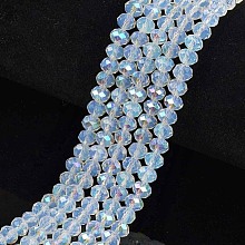 Honeyhandy Electroplate Glass Beads Strands, Imitation Jade Beads, Half Plated, Rainbow Plated, Faceted, Rondelle, Clear, 8x6mm, Hole: 1mm, about 65~68pcs/strand, 15.7~16.1 inch(40~41cm)