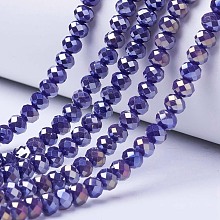 Honeyhandy Electroplate Glass Beads Strands, Opaque Solid Color, AB Color Plated, Faceted, Rondelle, Mauve, 4x3mm, Hole: 0.4mm, about 130pcs/strand, 16.54 inch(42cm)