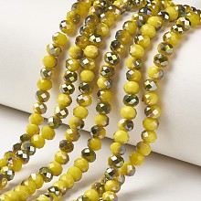 Honeyhandy Electroplate Opaque Glass Beads Strands, Half Green Plated, Faceted, Rondelle, Yellow, 4x3mm, Hole: 0.4mm, about 130pcs/strand, 16.54 inch(42cm)