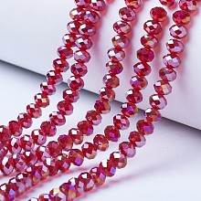 Honeyhandy Electroplate Glass Beads Strands, AB Color Plated, Faceted, Rondelle, FireBrick, 10x8mm, Hole: 1mm, about 65~66pcs/strand, 20.8~21.2 inch(53~54cm)