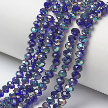 Honeyhandy Electroplate Glass Beads Strands, Half Plated, Rainbow Plated, Faceted, Rondelle, Blue, 4x3mm, Hole: 0.4mm, about 123~127pcs/strand, 16.5~16.9 inch(42~43cm)