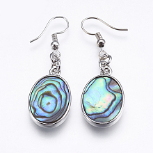 Honeyhandy Abalone Shell/Paua Shell Dangle Earrings, with Brass Findings, Oval, Platinum, 48mm, Pin: 0.7mm