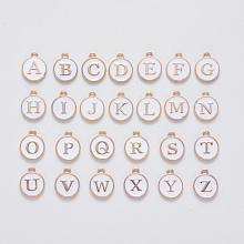 Golden Plated Alloy Enamel Charms, Enamelled Sequins, Flat Round with Alphabet, Letter A~Z, Turquoise, White, 14x12x2mm, Hole: 1.5mm; 26pcs/set